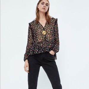 Floral Lurex Sheer Peasant Blouse